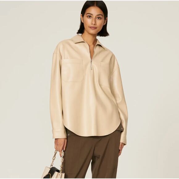 Saylor Top Womens Small Tan Remi Faux Leather 1/4 Zip Pullover - Picture 1 of 11